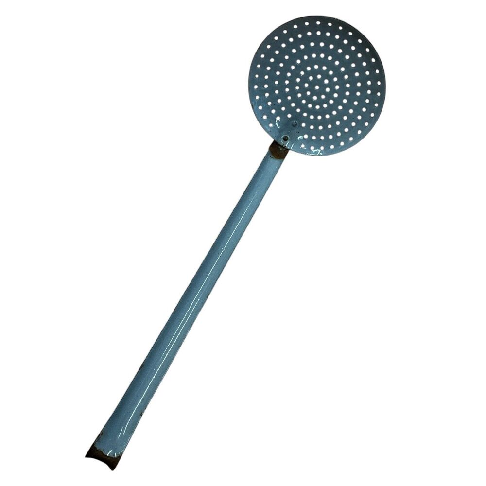 Gray‎ Strainer Bent Skimmer Dipper Graniteware Enamel Handled Vintage Primitive